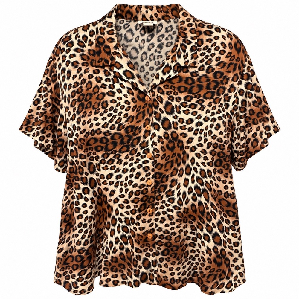 Teddi Shirt Leopard Print 100% Rayon 2X Brown Animal Print Button Up Casual